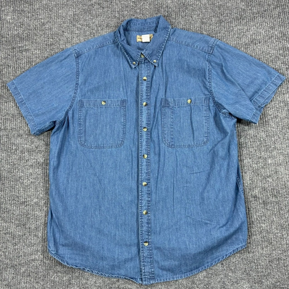 Scandia Woods Denim Chambray Button Up Shirt Mens XLG Blue Short Sleeve Cotton